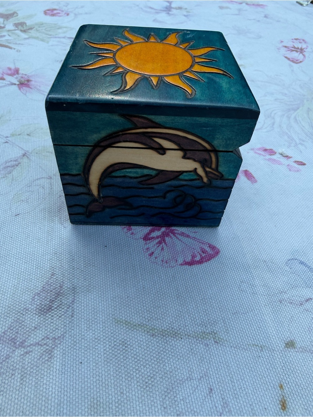 Hand-Painted Teal Dolphin Box with Sun Accent